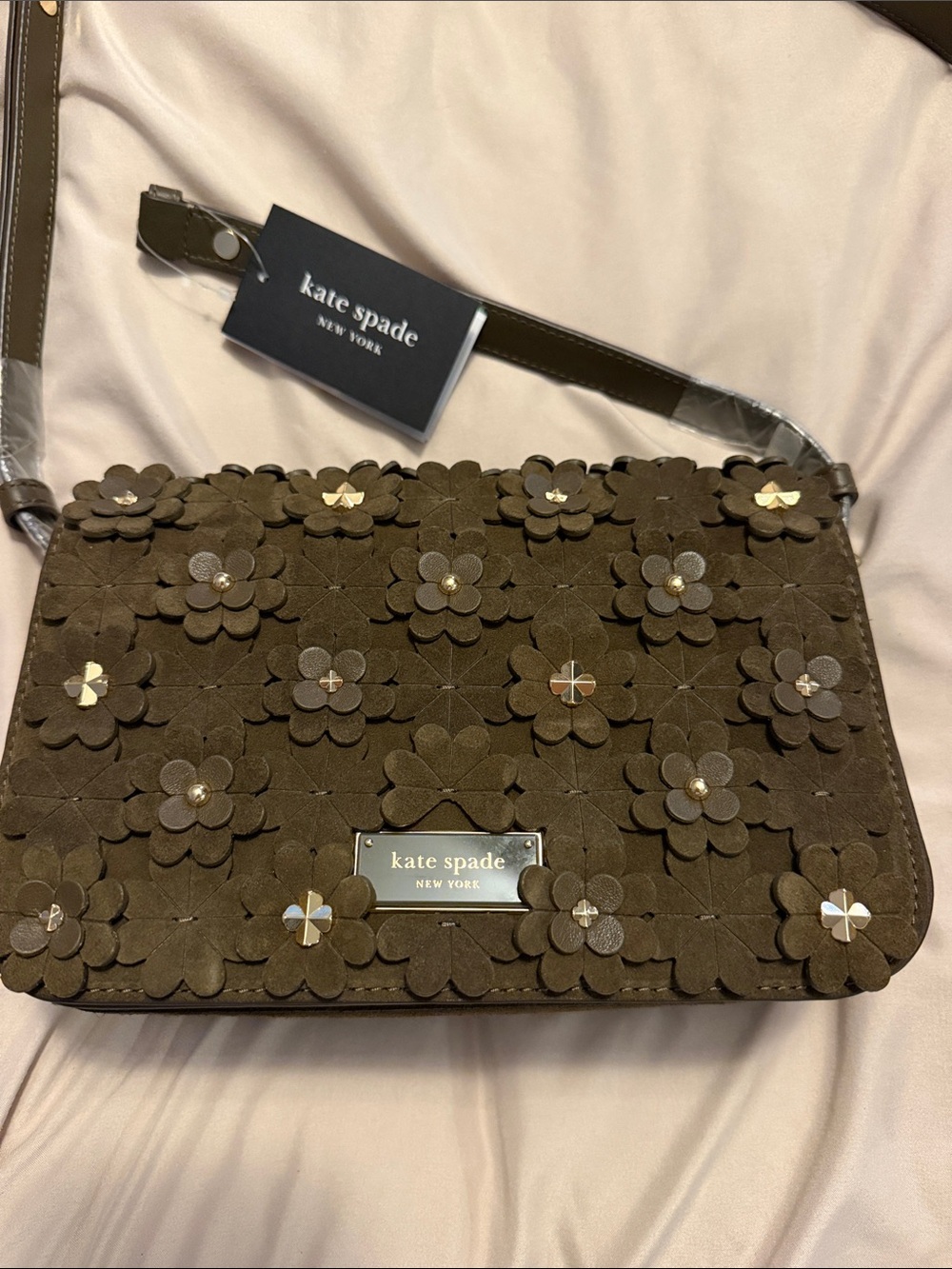 kate spade Olive Brown Floral Applique Crossbody Bag